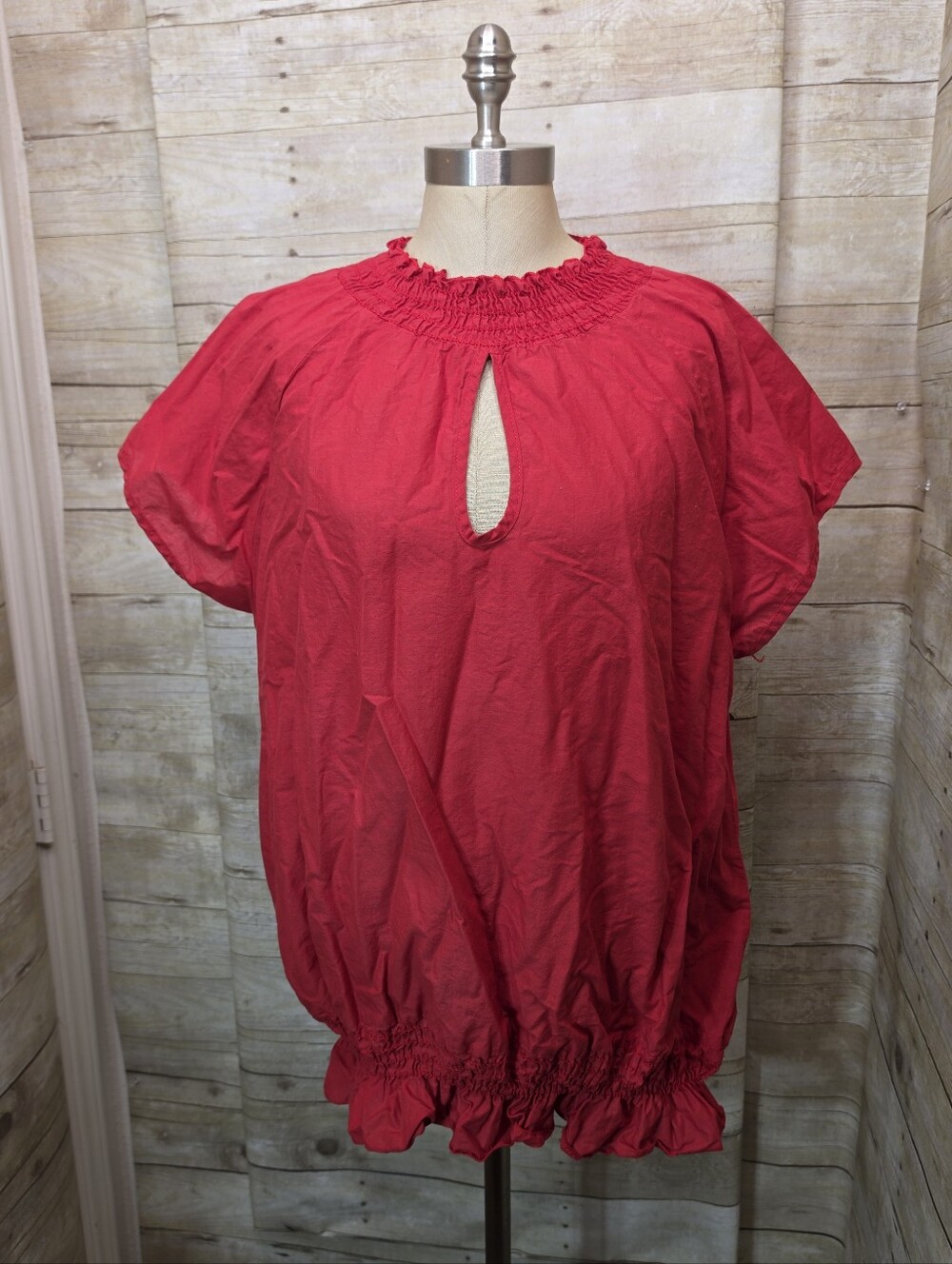 Women’s Red Smocked Neck Keyhole Top